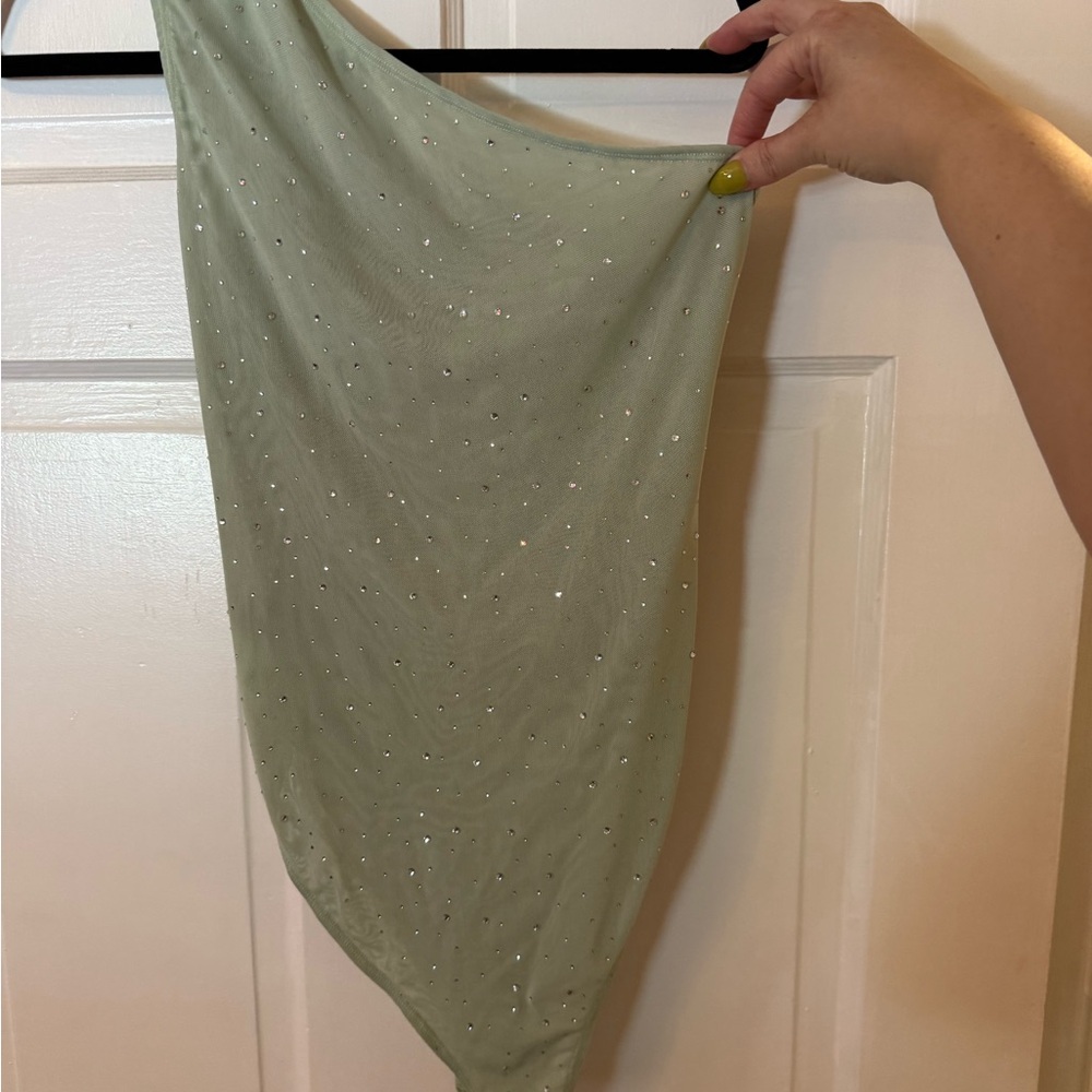 Green Rhinestone One Shoulder One Piece